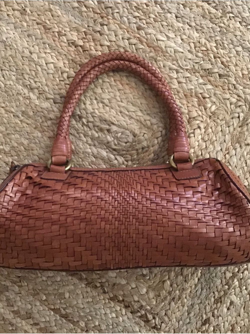 Cole Haan Woven Leather Barrel Bag Braided Handles Rich Cognac Brown Brass Rings